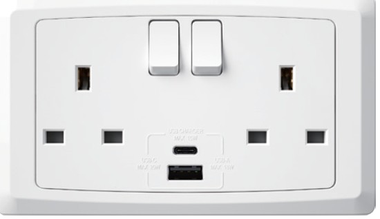 EliteElegance-Switch Socket + USB (A+C) FC688Q - 2 Gang, White