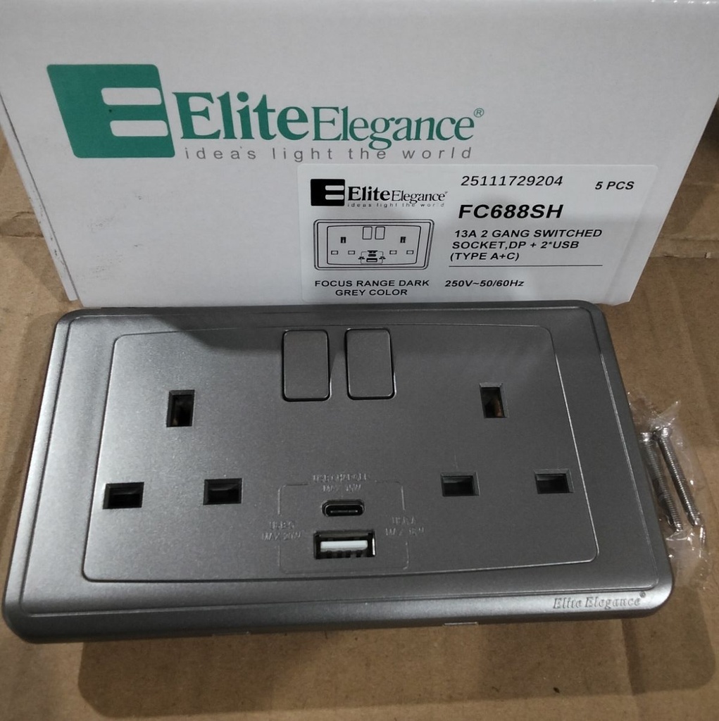 EliteElegance-Switch Socket + USB (A+C) FC688Q - 2 Gang, Gray