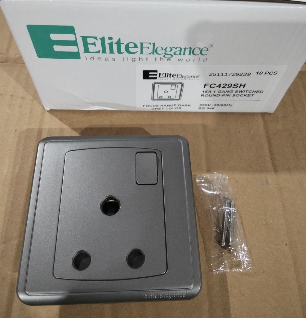 EliteElegance-Switch Round Pin Socket 15A FC429 - 1 Gang, Gray