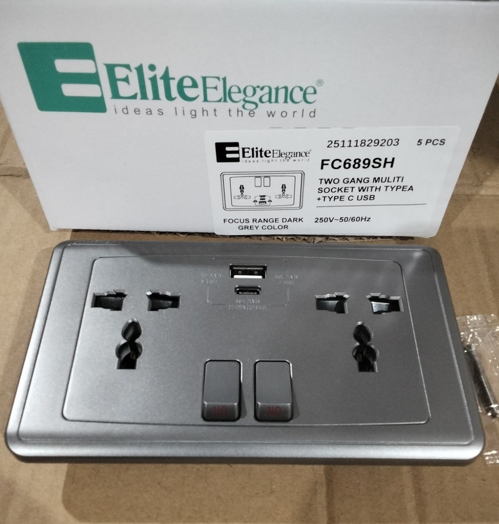 EliteElegance-Switch Multi - Socket+2*USB(A+C) 13A FC689Q - 2 Gang, Gray