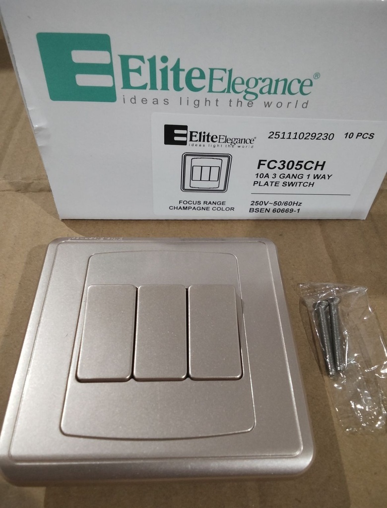 EliteElegance-Plate Switch FC305CH - 3 Gang 1 Way, Champagne 