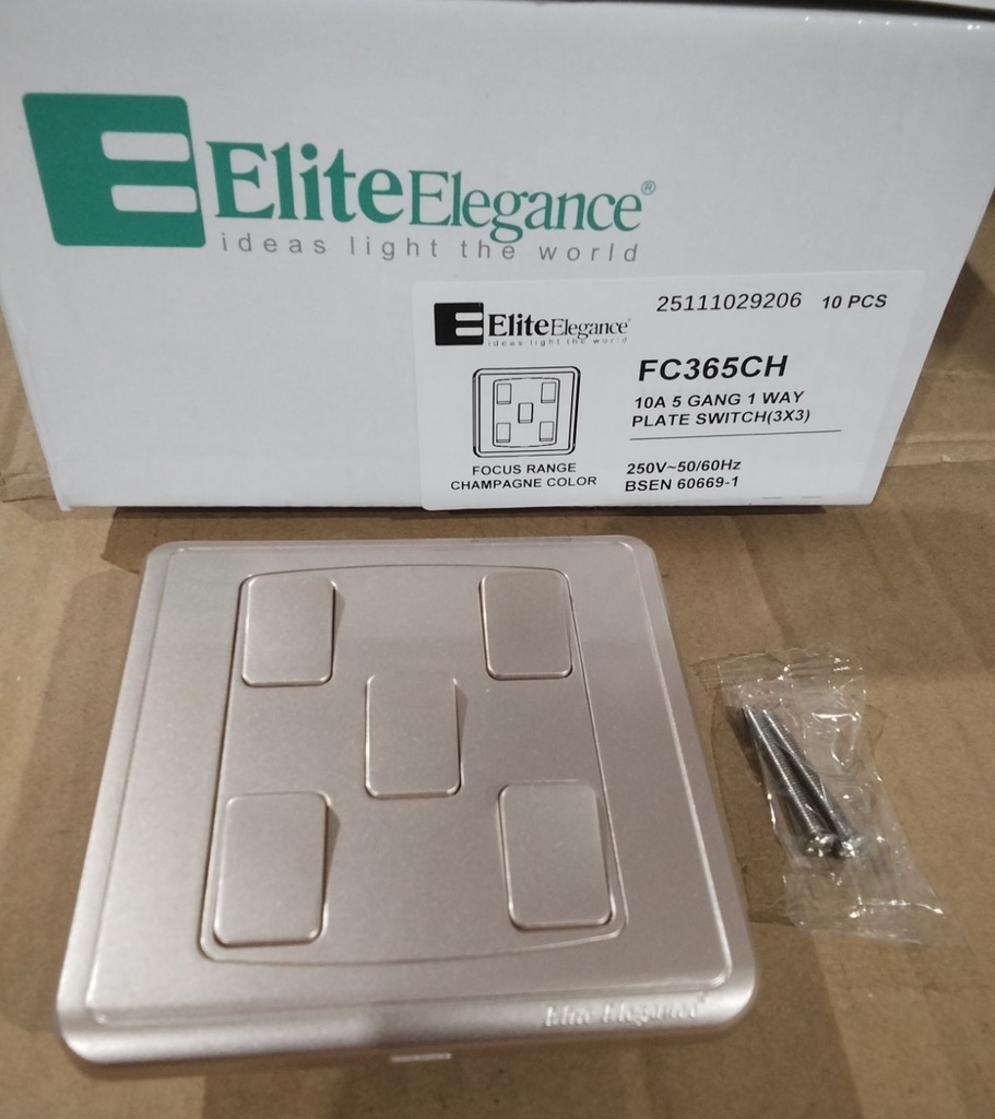 EliteElegance-Plate Switch FC365CH - 5 Gang 1 Way, Champagne 