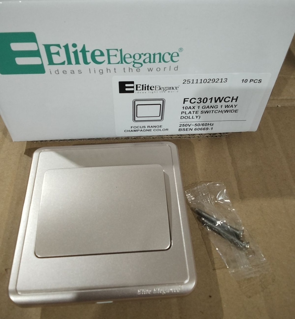 EliteElegance-Plate Switch FC301WCH - 1 Gang 1 Way (Big Button), Champagne
