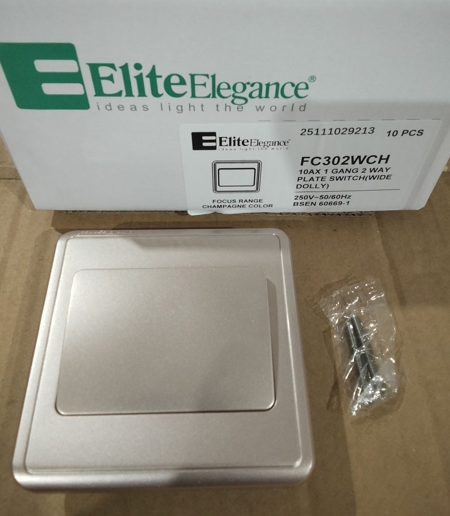 EliteElegance-Plate Switch FC301WCH - 1 Gang 2 Way (Wide Button), Champagne 