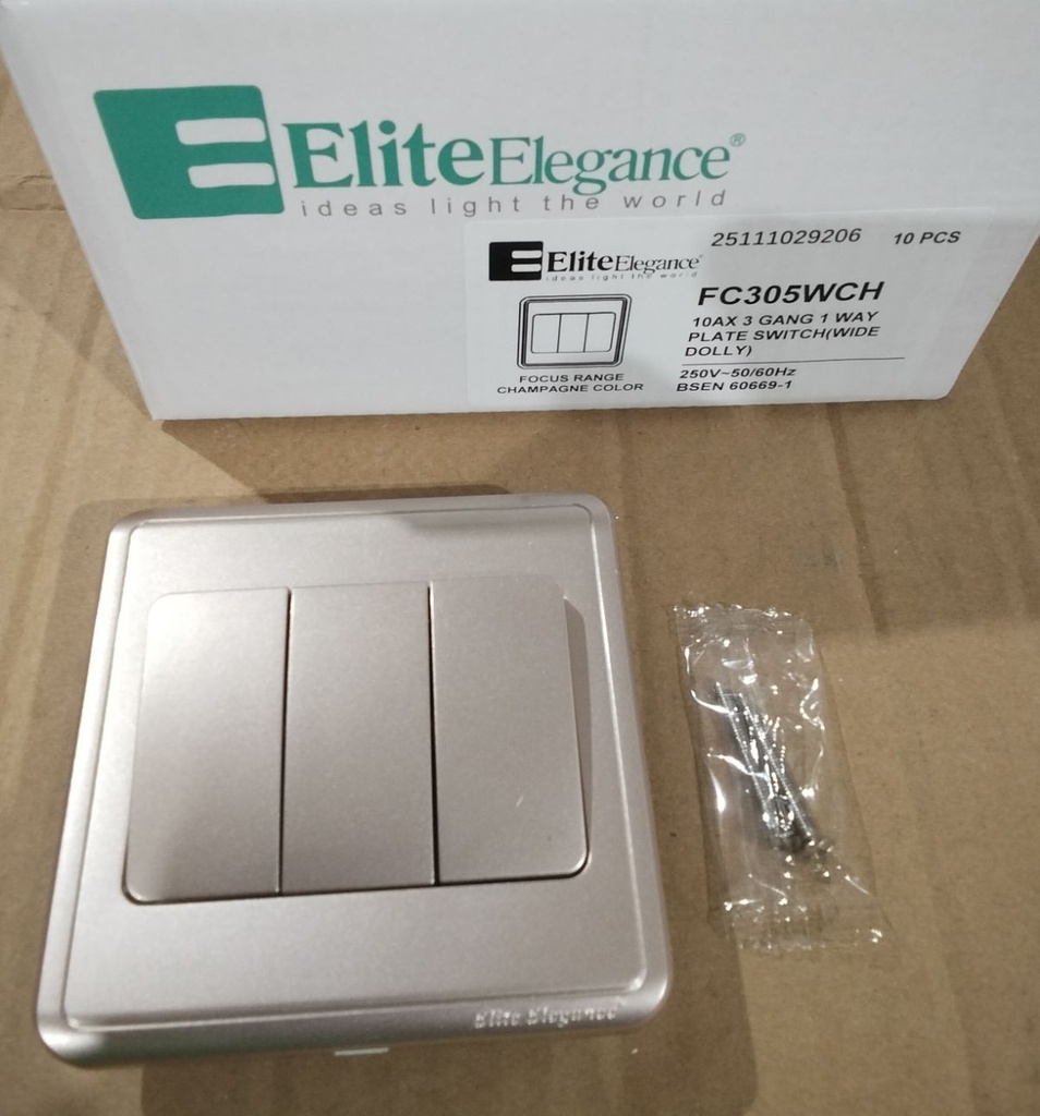 EliteElegance-Plate Switch FC305W - 3 Gang 1 Way (Big Button), Champagne 