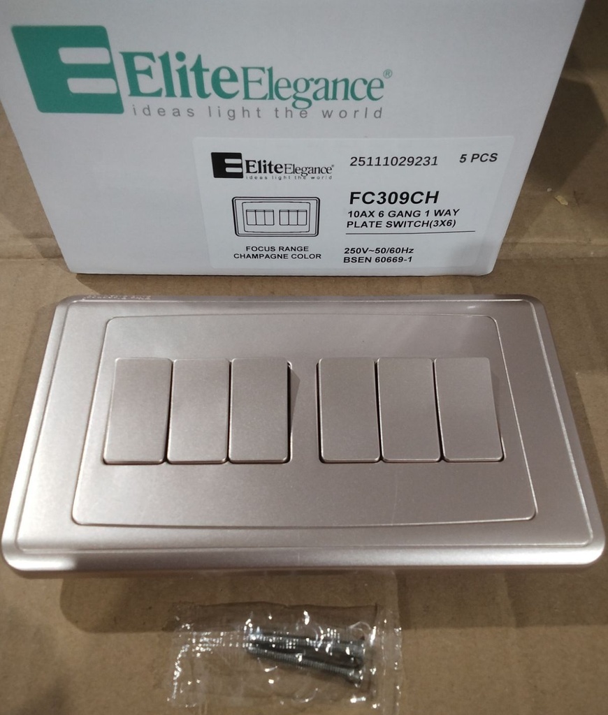 EliteElegance-Plate Switch FC309CH - 6 Gang 1 Way, Champagne 