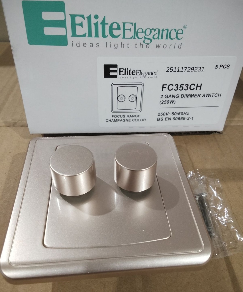 EliteElegance-Dimmer Switch FC353CH - 2 Gang 250W, Champagne 