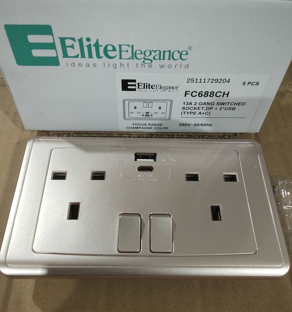 EliteElegance- + USB (A+C) FC688Q - 2 Gang, Champagne