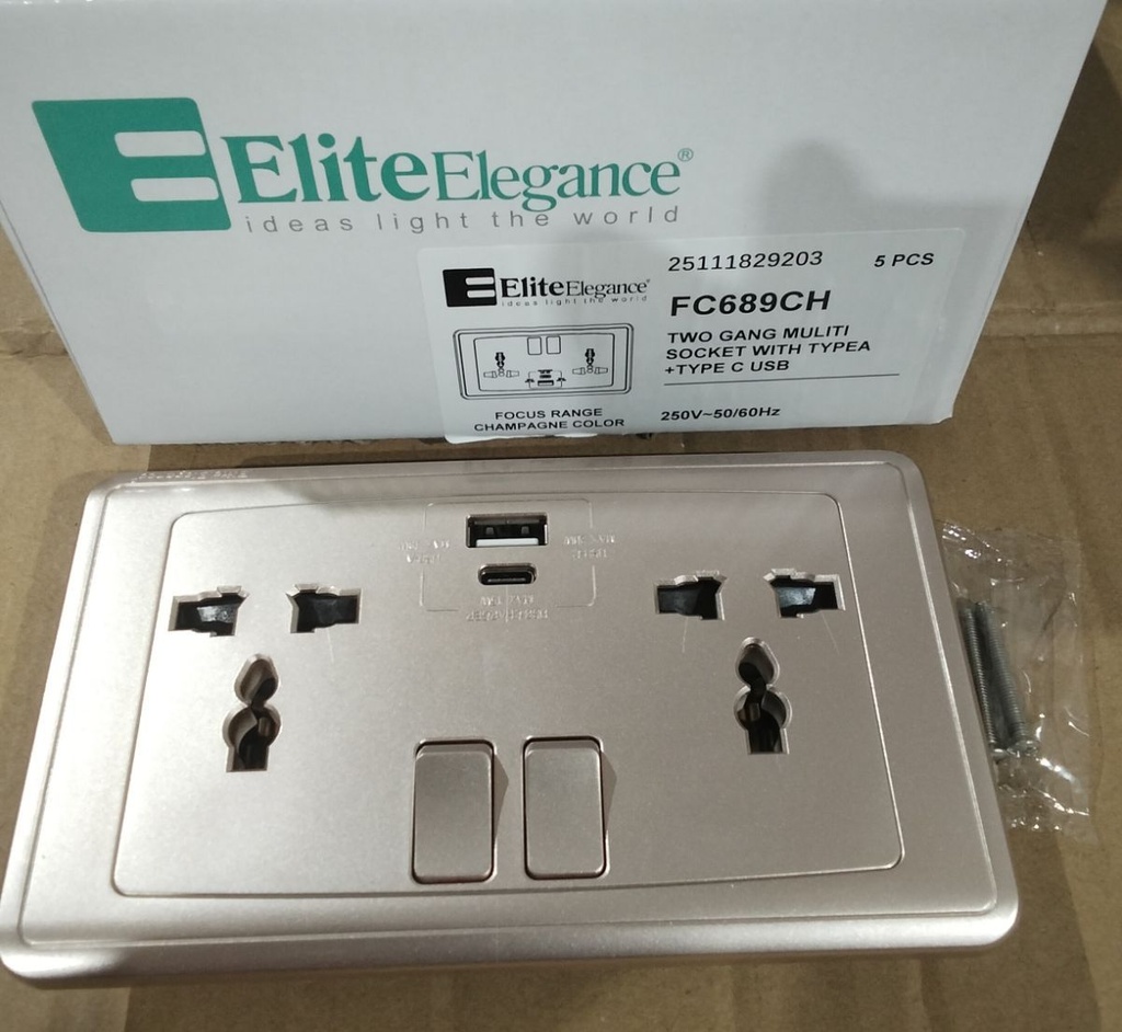 EliteElegance-Switch Multi - Socket+2*USB(A+C) 13A FC689Q - 2 Gang, Champagne