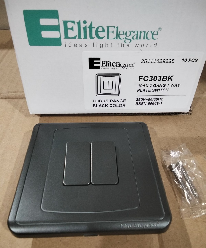EliteElegance-Plate Switch FC303BK - 2 Gang 1 Way, Black 