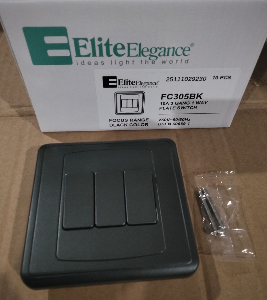 EliteElegance-Plate Switch FC305BK - 3 Gang 1 Way, Black 