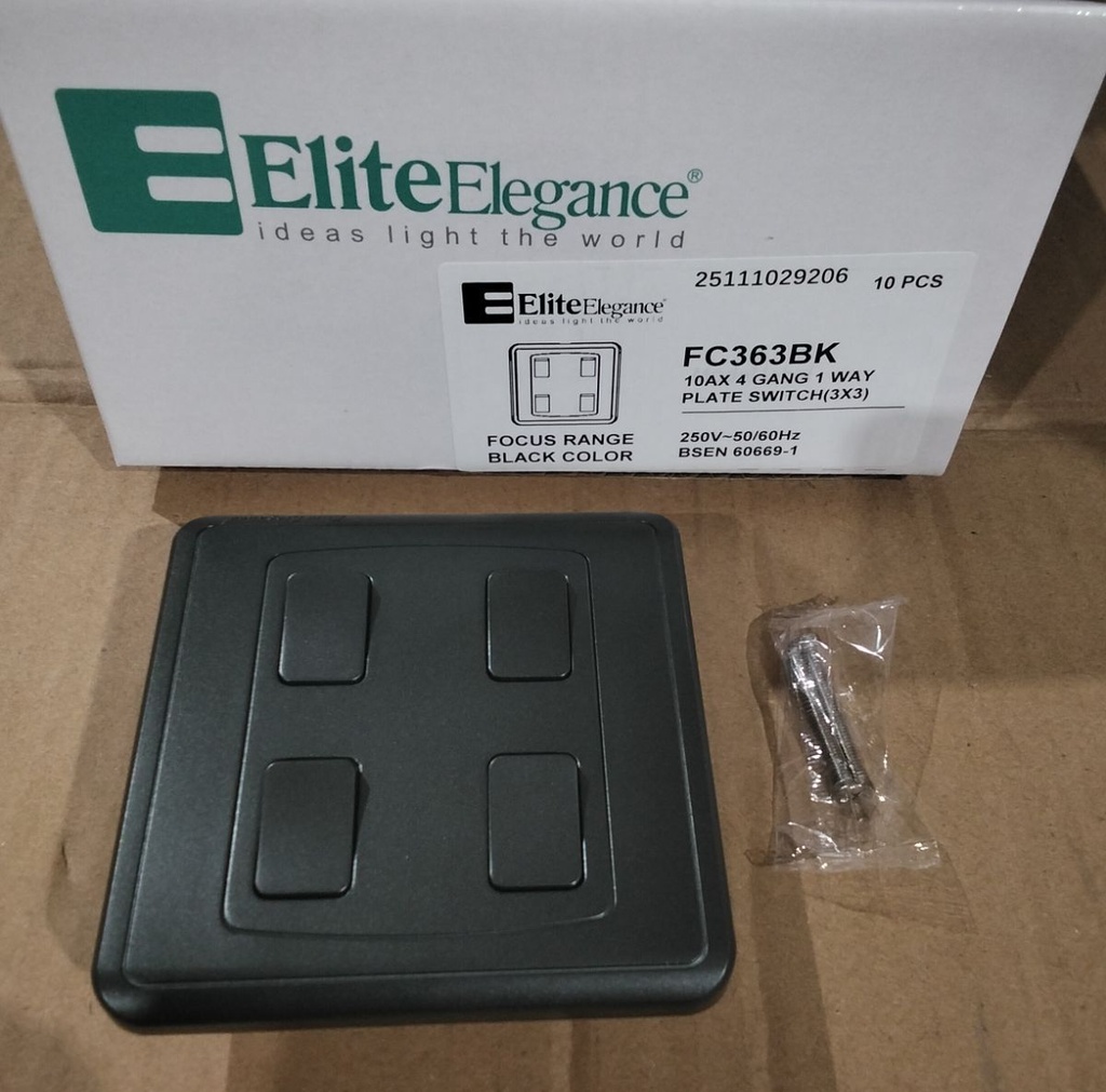 EliteElegance-Plate Switch FC363BK - 4 Gang 1 Way, Black 