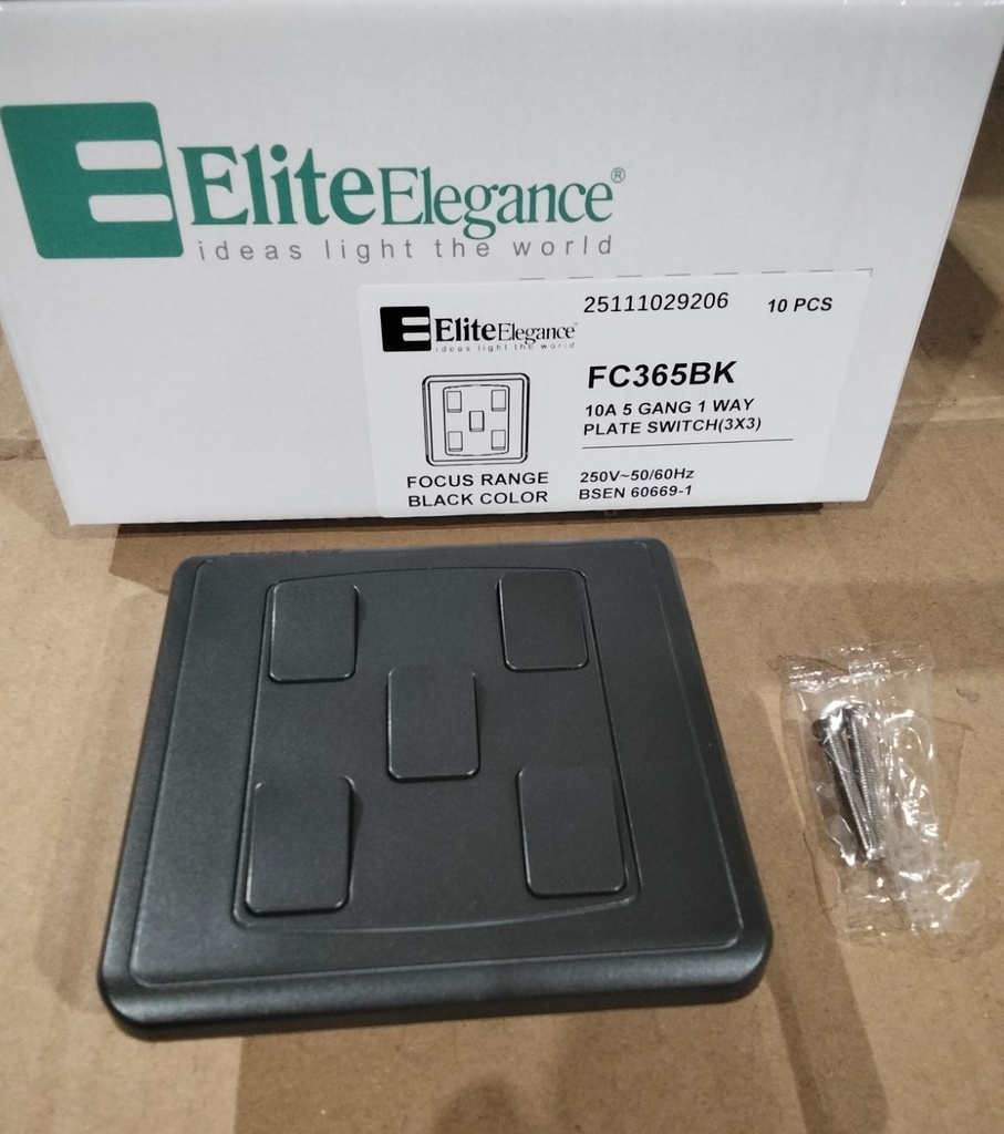EliteElegance-Plate Switch FC365BK - 5 Gang 1 Way, Black 