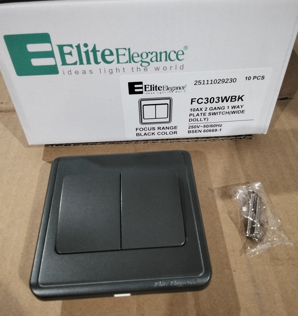 EliteElegance-Plate Switch FC303WBK - 2 Gang 1 Way (Big Button), Black 