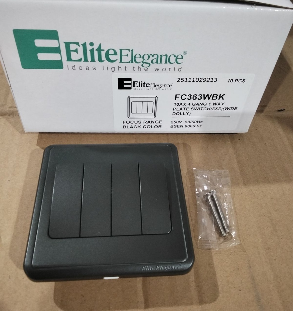 EliteElegance-Plate Switch FC363WBK - 4 Gang 1 Way (Big Button), Black