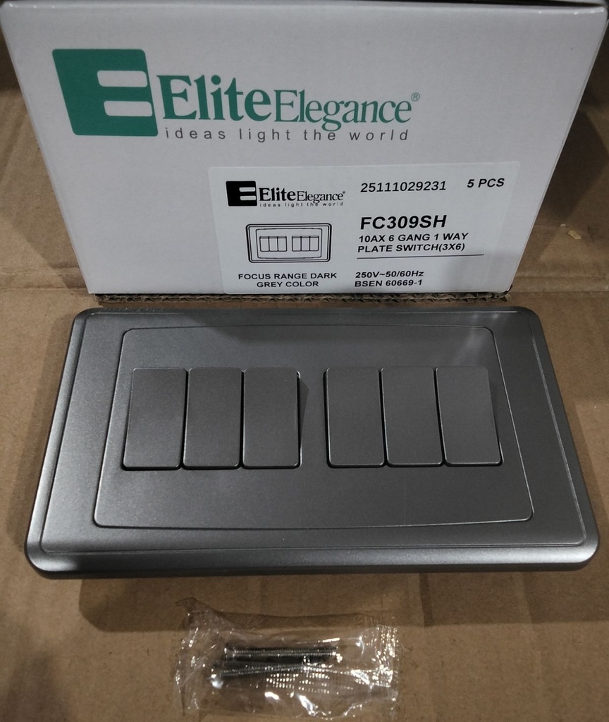 EliteElegance-Plate Switch FC309BK - 6 Gang 1 Way, Black