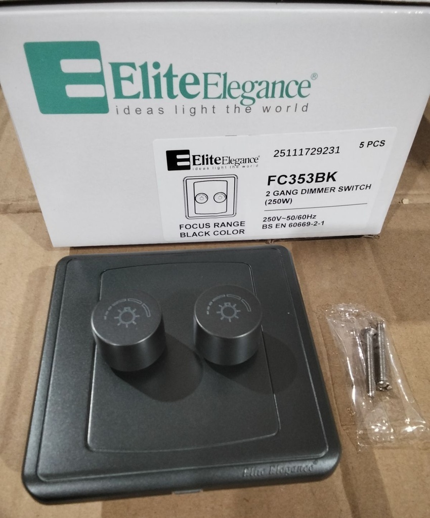 EliteElegance-Dimmer Switch FC353BK - 2 Gang 250W, Black 