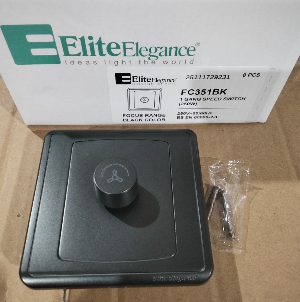 EliteElegance-Fan Speed Switch FC351BK - 1 Gang 250W, Black 