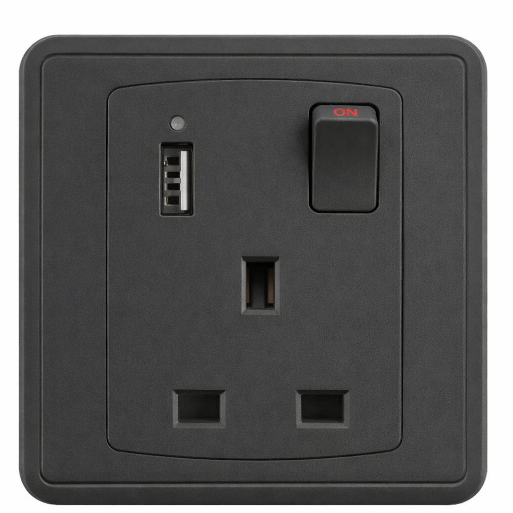 EliteElegance-Switch Socket+Neon+1*USB A+C FC457BK - 1 Gang, Black