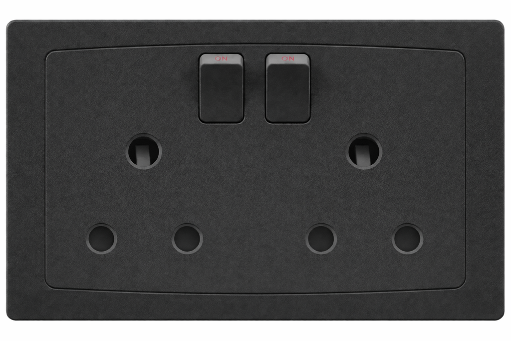 EliteElegance-Switch Round Pin Socket 15A FC529Q - 2 Gang, Balck