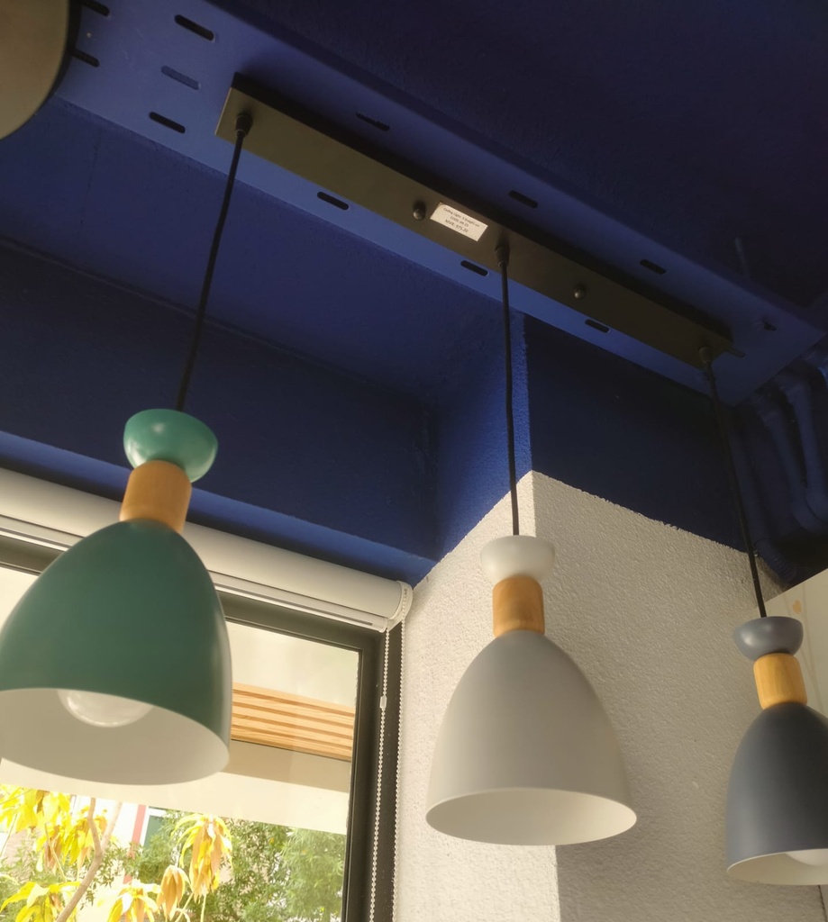 Ceiling Light- 700*140*H750mmSource: E27*3 (excluded)Material: Iron n+woodernlight body finish: black+white+ greenBox Code: A2-9