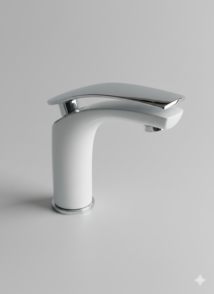 Basin Faucet, Main Fauset Copper, Stainless Steel Pipe Teeth + Plastic Nut - White Color