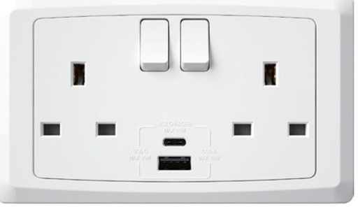 [BR-2096] EliteElegance-Switch Socket + USB (A+C) FC688Q - 2 Gang, White