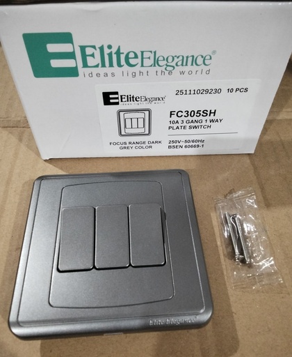 [BR-2134] EliteElegance-Plate Switch FC305SH - 3 Gang 1 Way, Gray