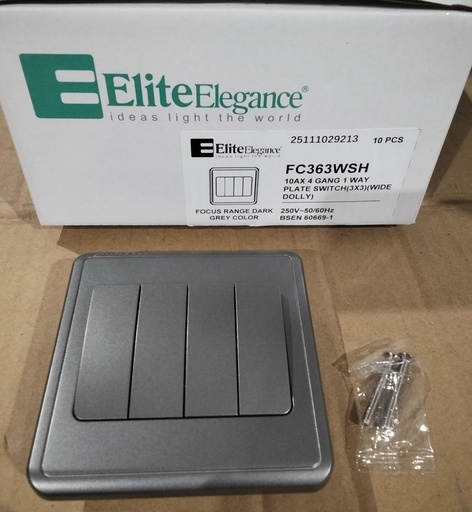 [BR-2141] EliteElegance-Plate Switch FC363WSH - 4 Gang 1 Way (Big Button), Gray 