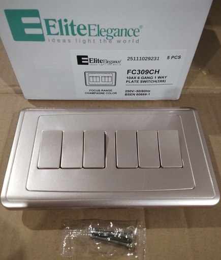 [BR-2172] EliteElegance-Plate Switch FC309CH - 6 Gang 1 Way, Champagne 