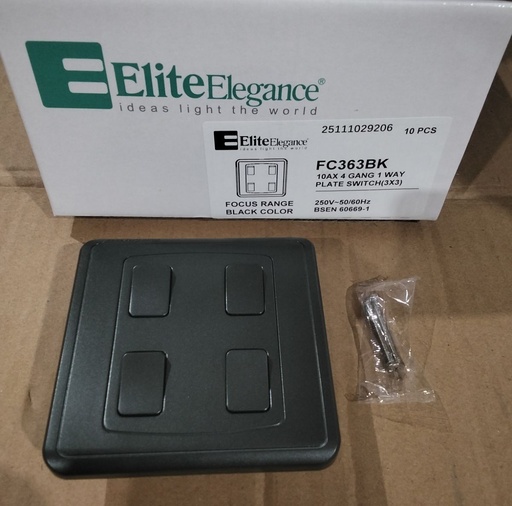 [BR-2193] EliteElegance-Plate Switch FC363BK - 4 Gang 1 Way, Black 