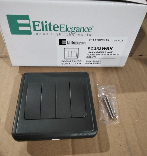 [BR-2199] EliteElegance-Plate Switch FC363WBK - 4 Gang 1 Way (Big Button), Black