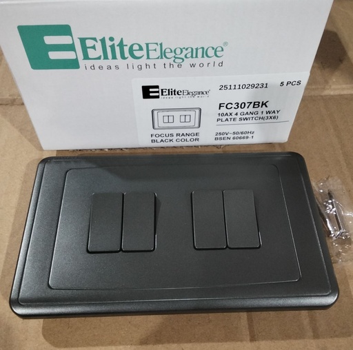 [BR-2200] EliteElegance-Plate Switch FC307BK - 4 Gang 1 Way, Black 