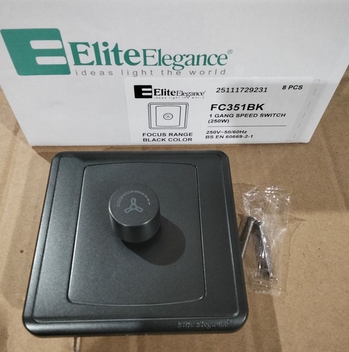[BR-2206] EliteElegance-Fan Speed Switch FC351BK - 1 Gang 250W, Black 