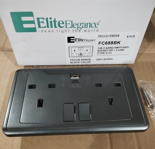 [BR-2211] EliteElegance-Switch Socket + USB (A+C) FC688Q - 2 Gang, Balck