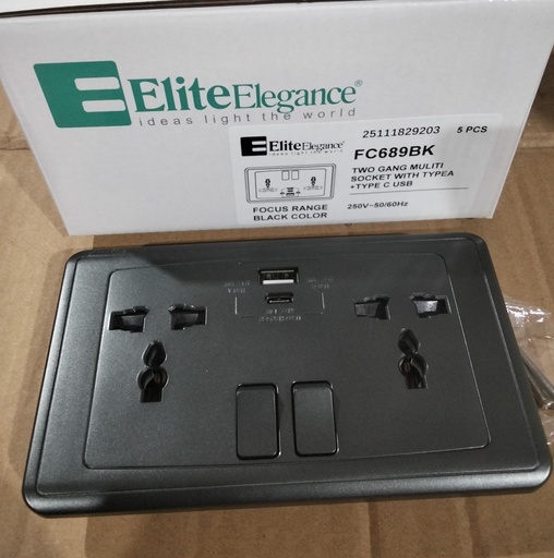 [BR-2217] EliteElegance-Switch Multi - Socket+2*USB(A+C) 13A FC689Q - 2 Gang, Balck